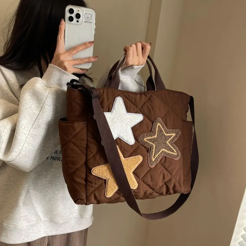 Korean Fashion Padded Diamond Lattic Star  Handbag Y2k Girls Tote Bags Shoulder Bag Design Women Soft Handbags Big Capacity