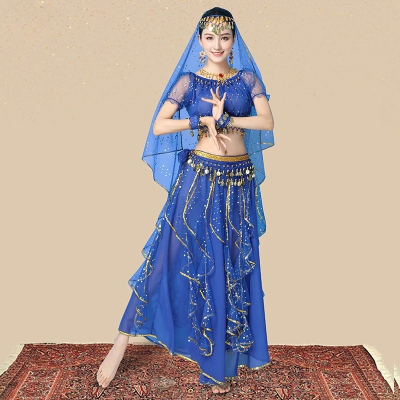 Traje de dança indiana personalizado, traje étnico adulto feminino, roupas de dança do ventre, traje de performance, manga curta, saia longa, conjunto