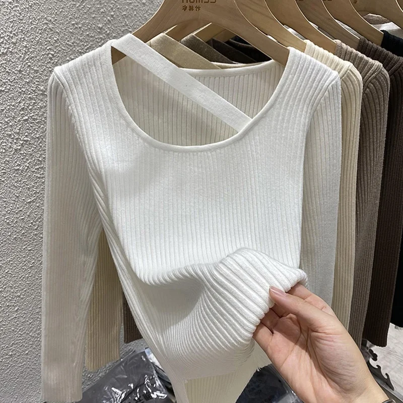 

Stylish Knitted Sweater Base Shirt for Women Autumn Winter Fur Inner Wear Square Collar Bared Shoulder Fashionable Atmosphere