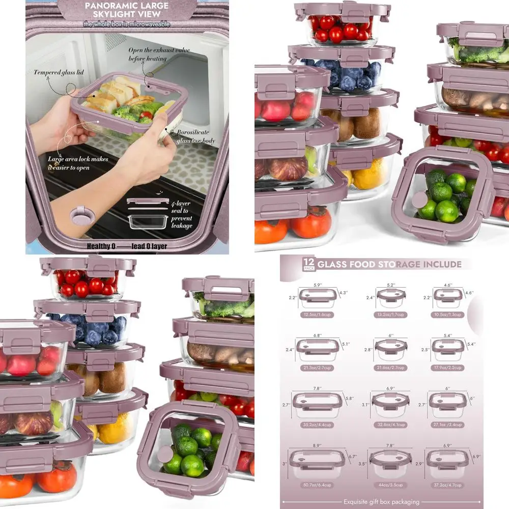 

12-Piece Borosilicate Glass Meal Prep Containers with Tempered Lids - Oven-Safe, Airtight, BPA-Free, Dishwasher Safe, Multi-Size