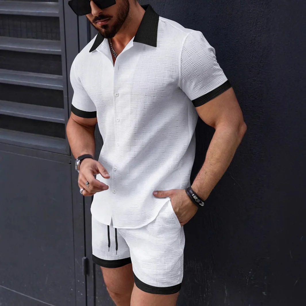 Nueva tendencia, traje para hombre, color sólido, algodón, lino, manga corta, jacquardCamisa y pantalones cortos, conjunto de 2 piezas, conjunto informal de playa hawaiana para hombre
