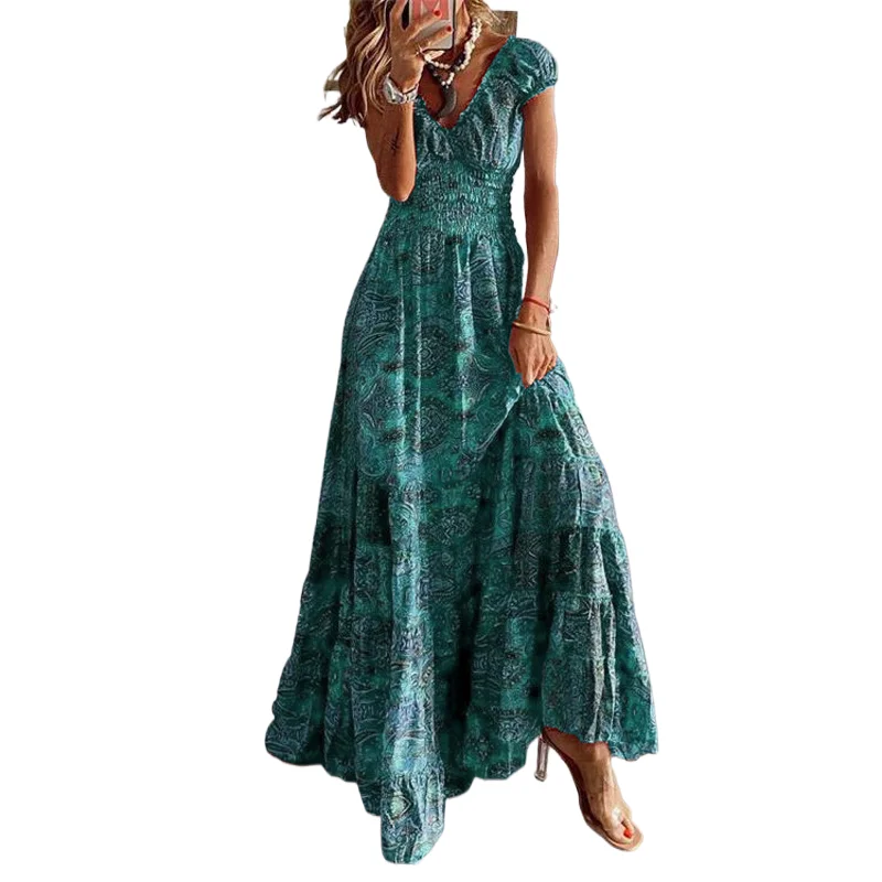 

2024 Summer Fashion New Boho Printed Dress Ladies Elegant Deep V Neck Elastic Waist Oversize Hem Long Skirt Resort Style Dress