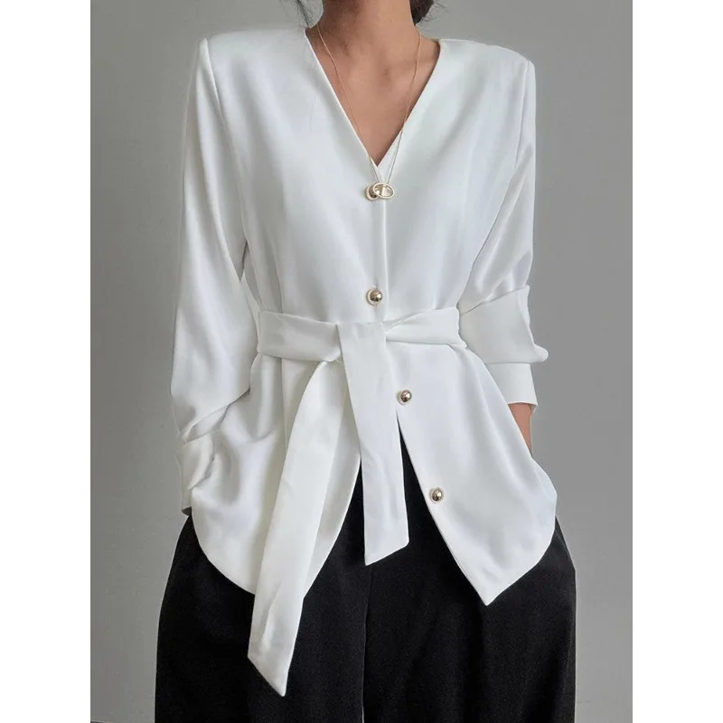 

SuperAen Autumn New French-style V-neck Metal Single-breasted Strap Waist Slimming Long-sleeved Women Shirts