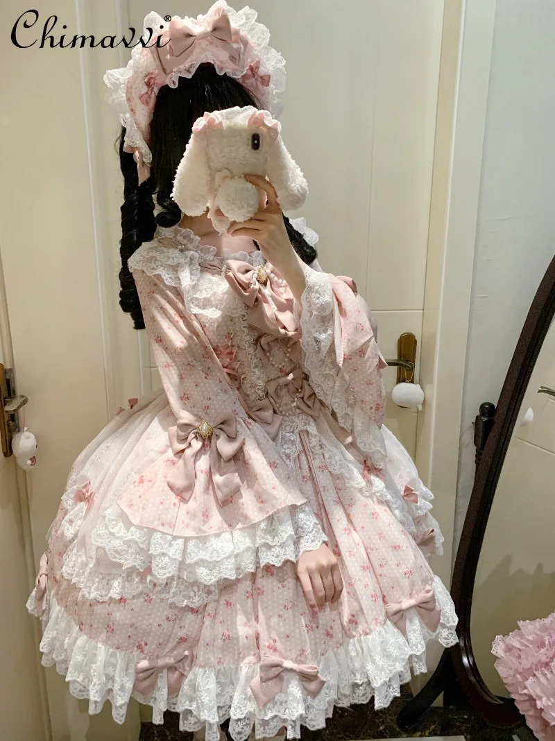 

Super Fairy Sweet Princess OP Dress New 2026 Spring and Summer Cute Bow Print Lace Elegant Birthday Party Lolita Dresses Women