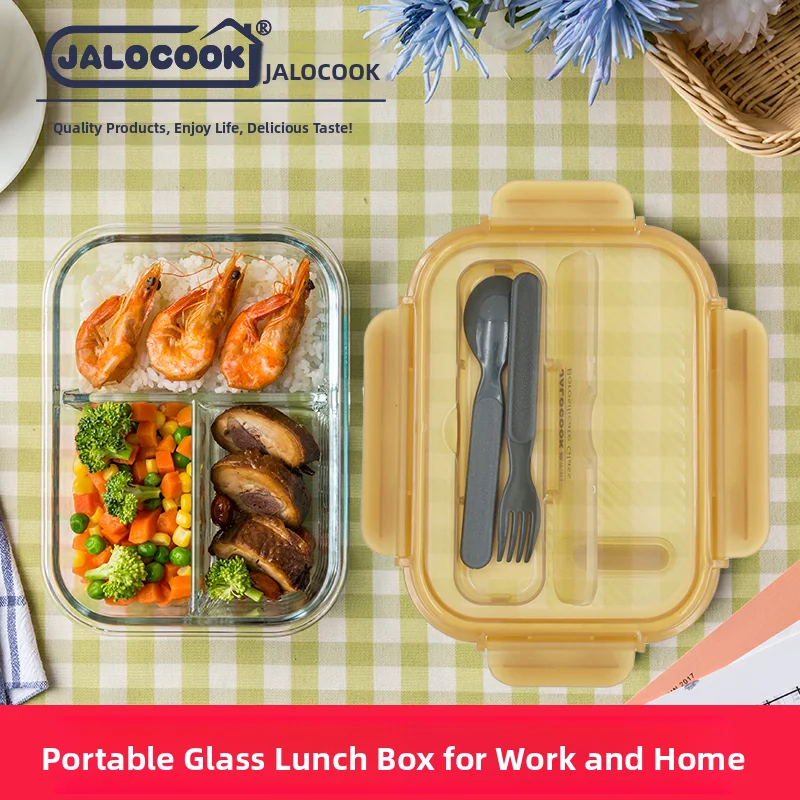 JALOCOOK Large Capaci Glass Food Storage Container Microwave Oven Se Divided Lunch Box with Fork Spoon for Adult Lunch
