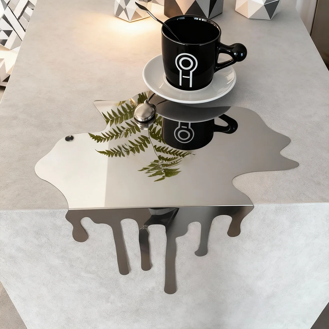 Minimalist Stainless Steel Water Droplet Coaster Reflective Surface Desktop Ornament Modern Flowing Design Home Tabletop Decorat view 5
