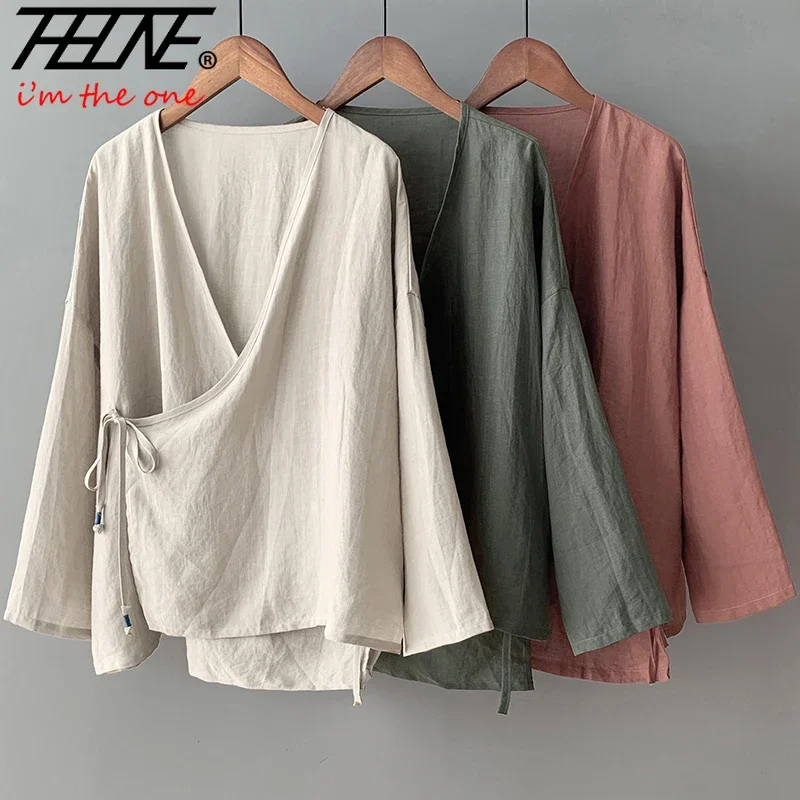 THHONE Fashion Woman Blouse 2024 Autumn Vintage Blusa Mujer Long Sleeve Korean Women's Shirts Cotton Linen Solid Lace-up Camisas