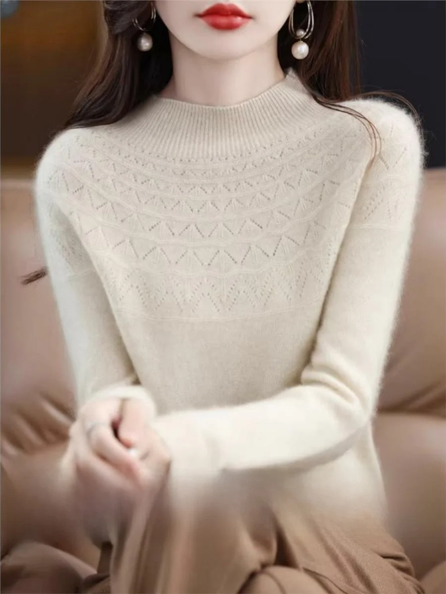 

Loose Knitted Wool Base Shirt Hollow out Fashionable Half High Collar Women's Autumn Winter Korean Style Yarn Weaving Inner Wear