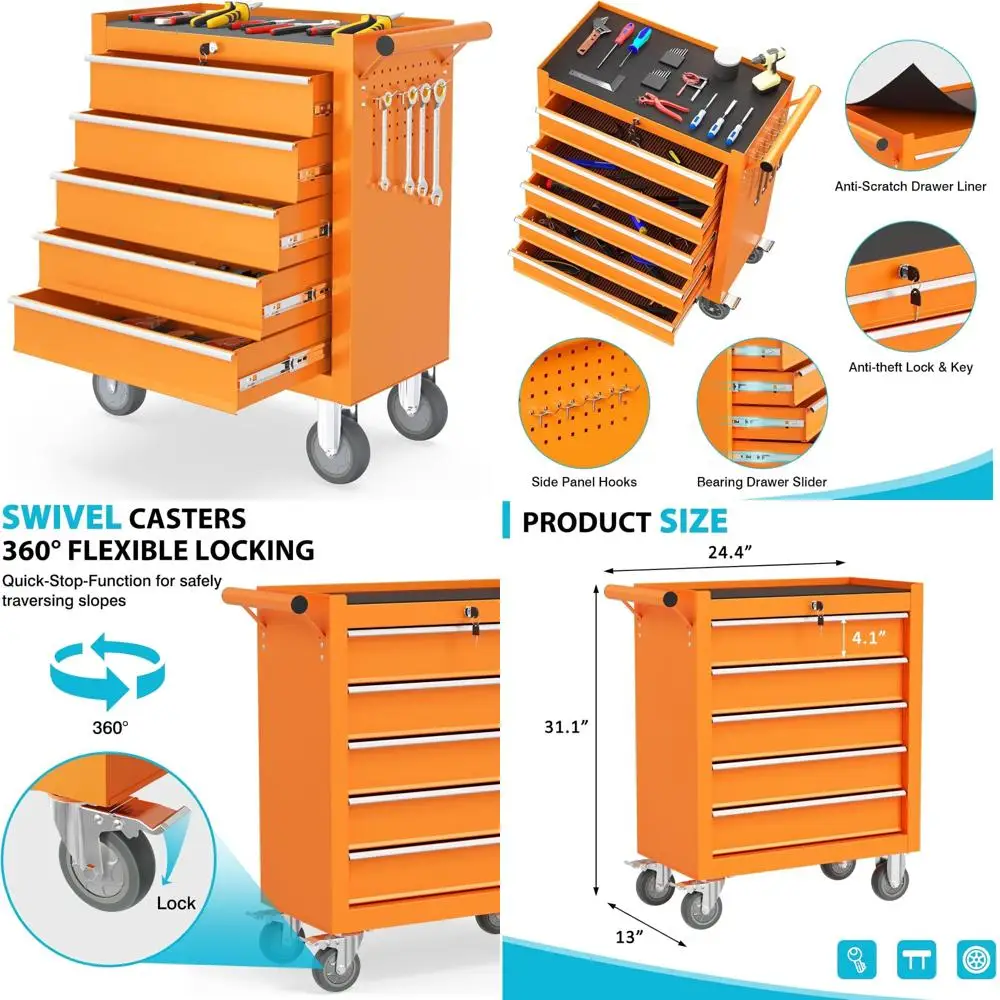 

Portable Rolling Tool Chest with 5 Drawers, Lockable Storage Box on Wheels for Garage, Workshop, and Repair Shop Use