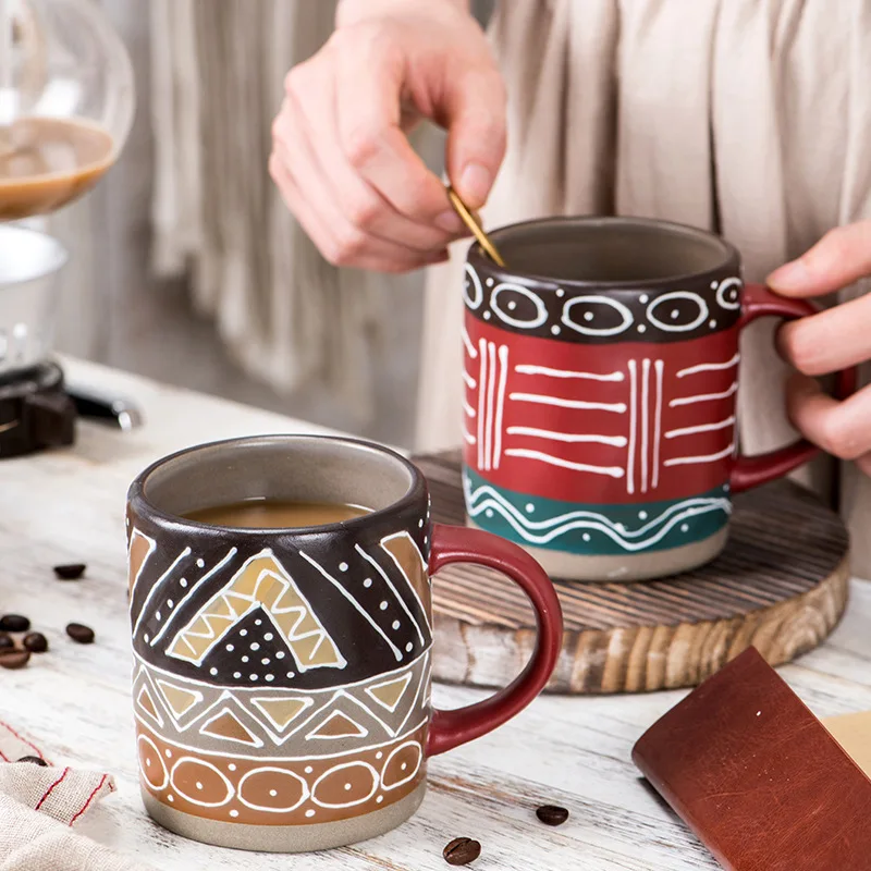 350ml Ceramic Cup Hand-Painted Tribal Ceramic Mug Retro Ethnic Coffee Cup for Home Office Use Gift cup