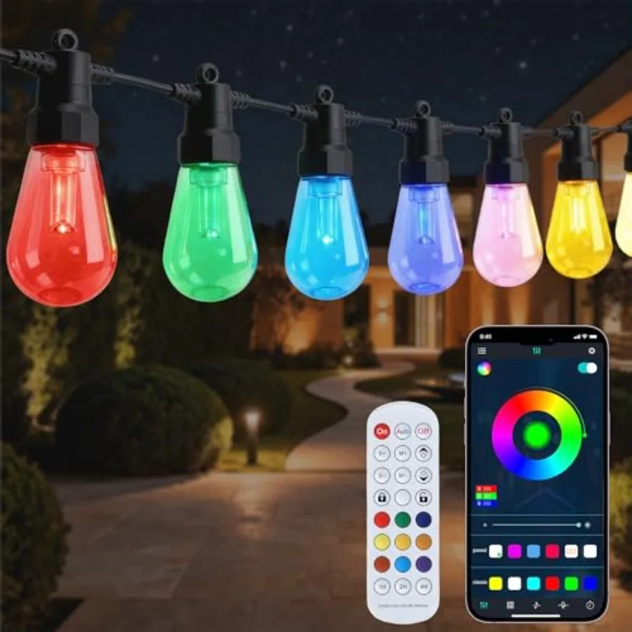 

Умные уличные гирлянды длиной 50 футов с RGB-подсветкой, изменяющей цвет, для патио, с таймером, 21-клавишным радиочастотным пультом и Bluetooth, водонепроницаемые IP65