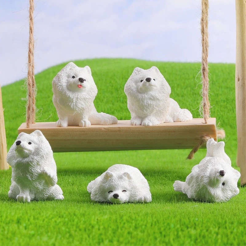 5PCS Realistic Mini Samoyed Decorative Figurines Kawaii Dogs Resin Desk Decoration Miniatures Home Decor DIY Accessories