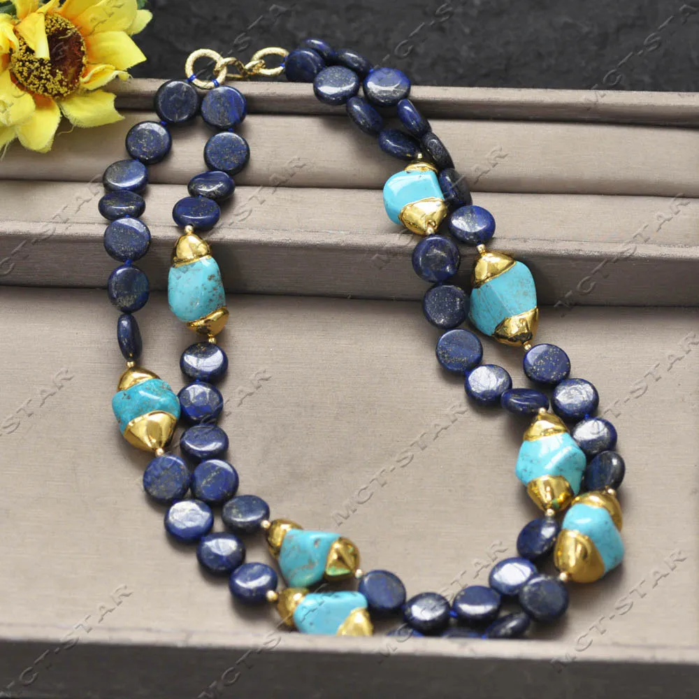 MCT·STAR 2Row 21'' 30mm Natural Blue Irregular Raw Gemstone Turquoise Coin Lapis Lazuli Necklace (Z14359)