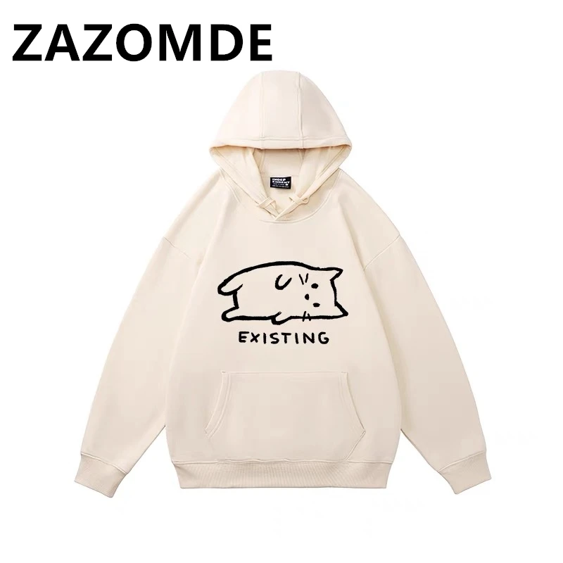 ZAZOMDE Winter Cotton Sleep Cat Hoodies Japan Anime Funny Cute Thick Hip Hop Hoody High Quality Sweatshirt Pullover Hooded Men