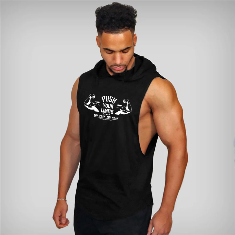 Men's Cotton Sleeveless Hoodie Tank Top With Curved Bottom Hem Muscle Gym Workout Hooded Running Vests Summer Sportswear
