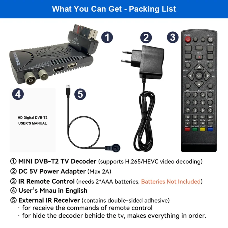 JABS-Digital Terrestrial TV DVB-T2 Full HD Decoder Featuring H. 265/HEVC Decoding EPG Functionality EU Power Adapter Box EU PLUG