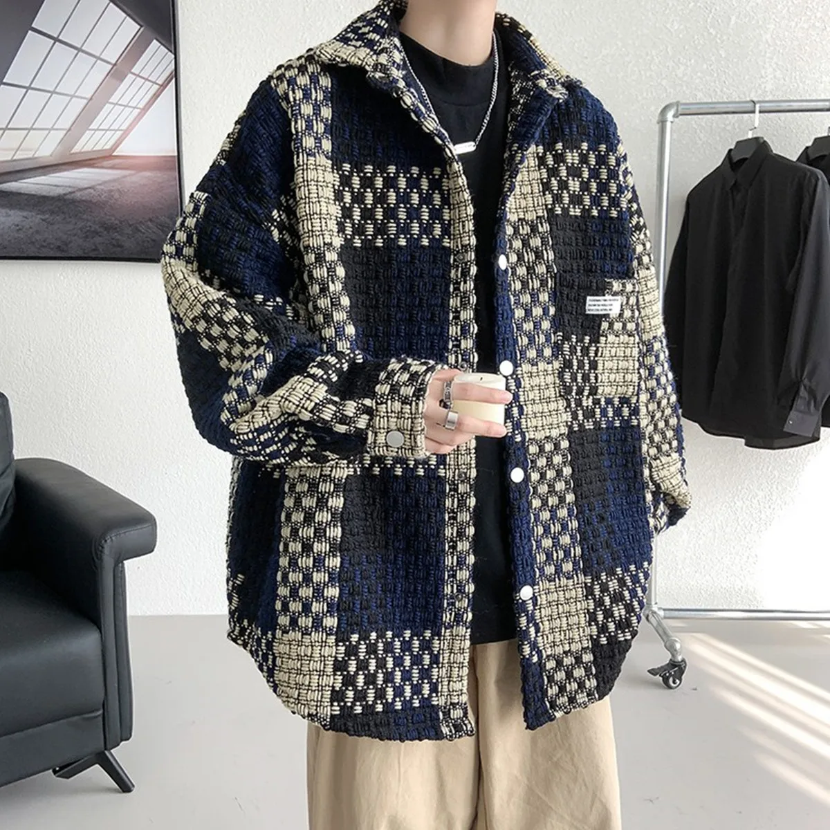 Plaid Jacket Men's Casual Coat Woven Check Jacket Loose Thick Oversize Jacket Men Winter Coat Warm Streetwear