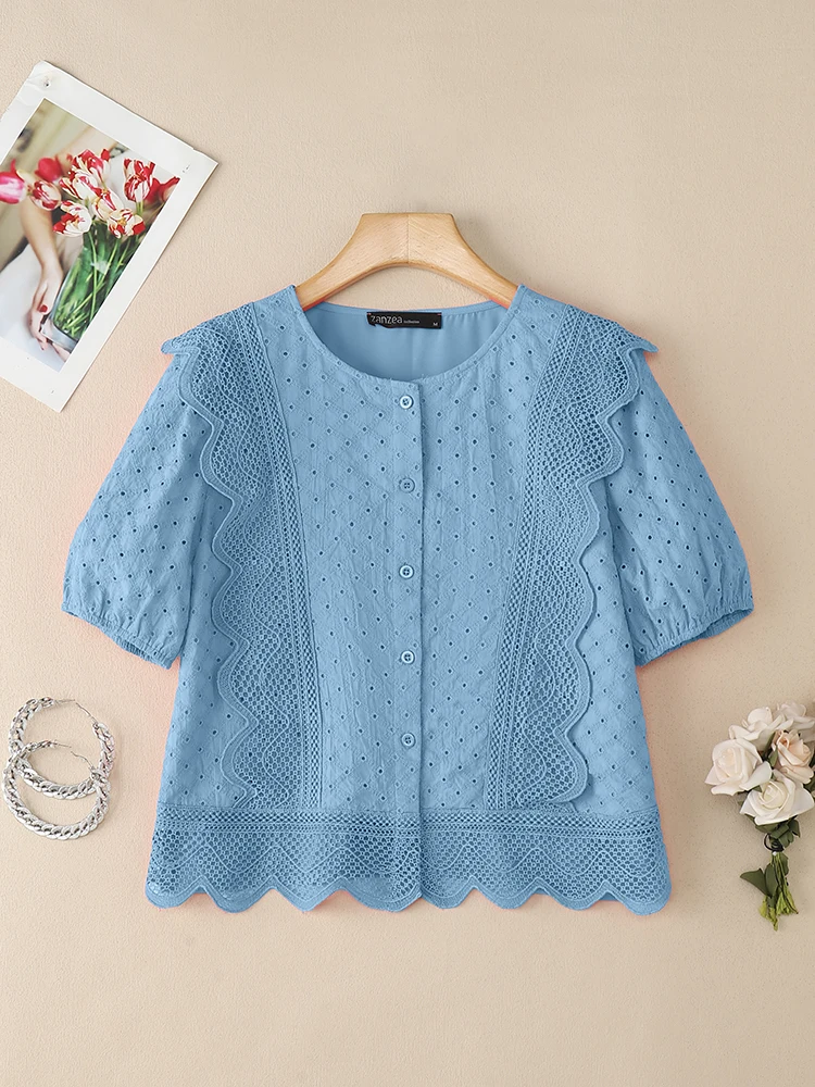 ZANZEA 2025 Elegant Summer Hollow Out Shirt Women Embroidered Blouse O Neck Short Sleeve Tops Stylish OL Work Blusas Mujer Femme
