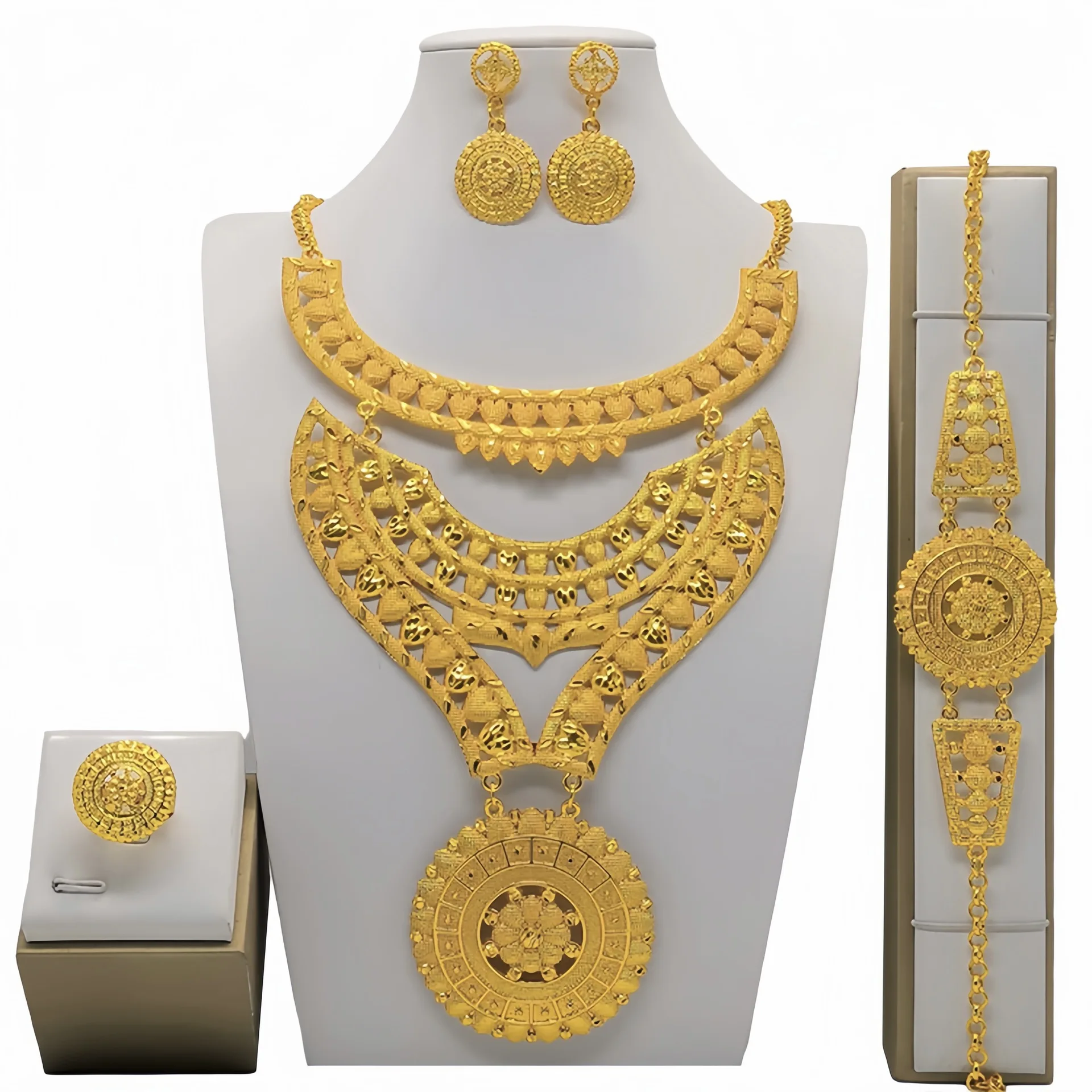 Imagem -05 - Conjunto de Jóias para Mulheres Colar Banhado a Ouro 24k Brincos Anel Pulseiras Joias para Mulheres Indianas Bu10257