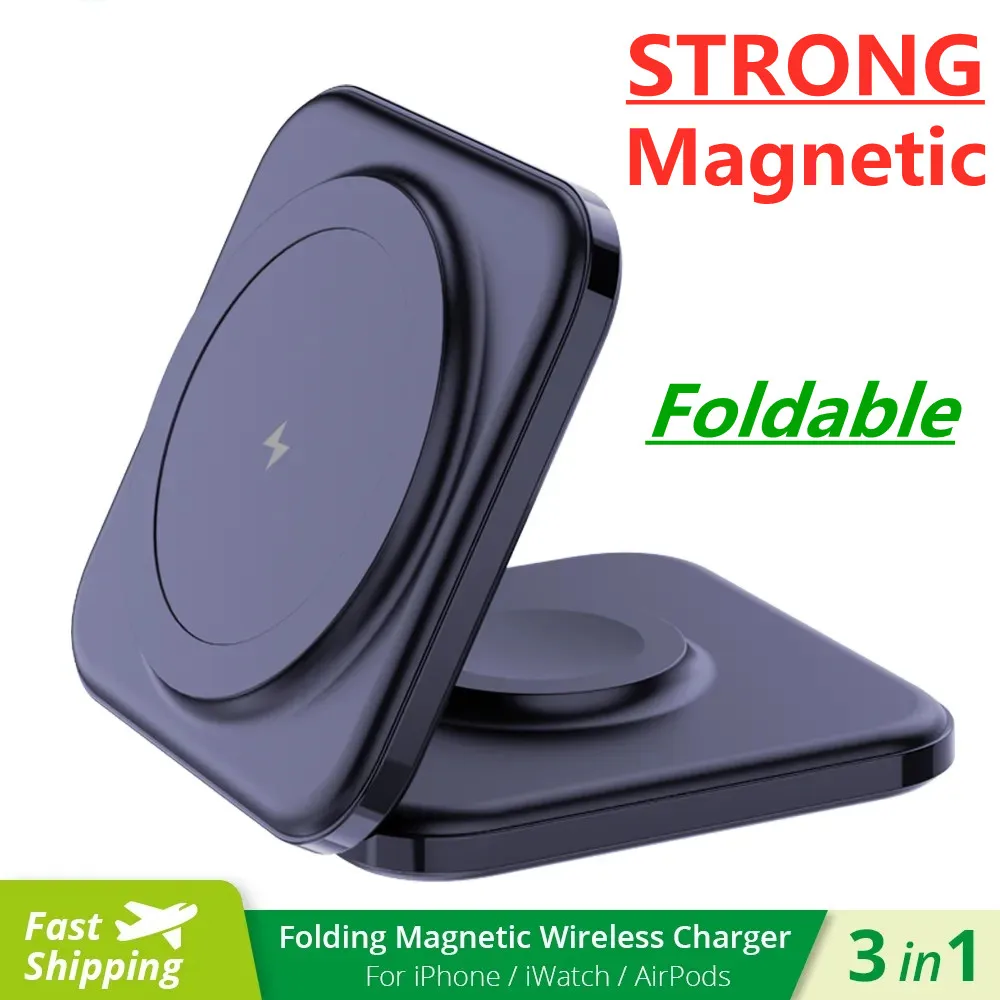 15W Magnetic Wireless Charger 3 in 1 Fast Charging Station Foldable Phone Holder Stand for iPhone 14 13 12 Apple Watch Airpods