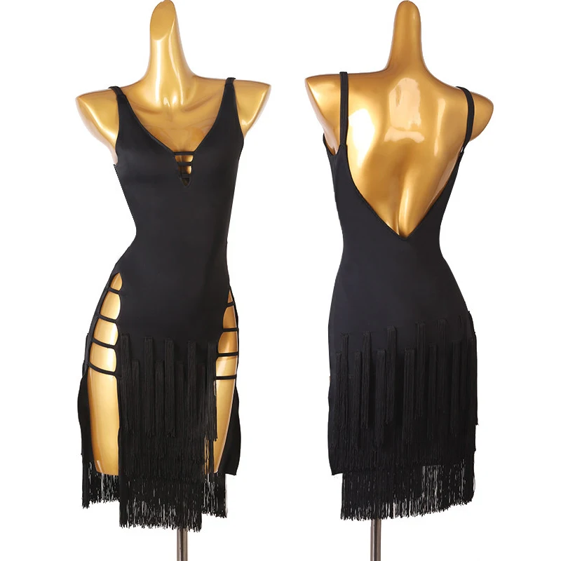 Sleeveless Fringe Latin Dress Adult Dance Competition Clothing Women Black Performance Stage Wear Cha Cha Samba Costume VDL5075