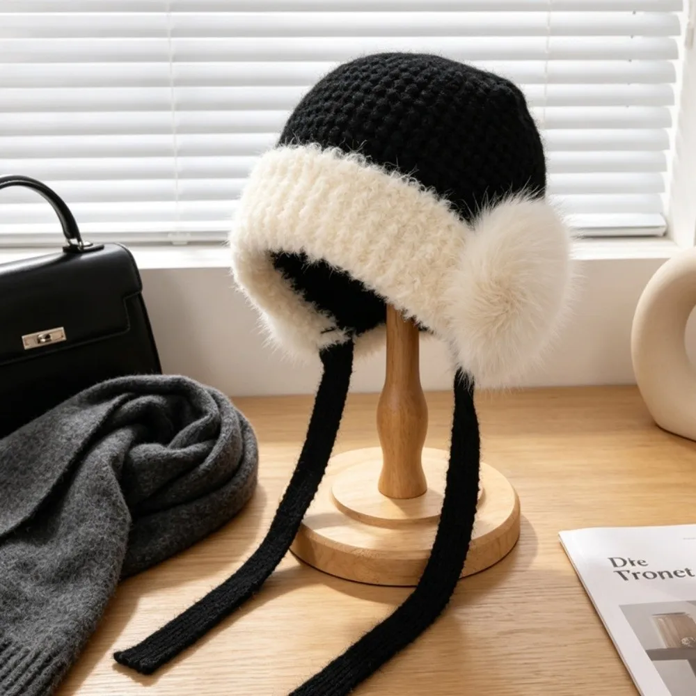 Faux Fur Trim Winter Beanie Hat Ribbed Brim Braided Ties Earflap Beanie Hat Ear Protection Cozy Chunky Knit Knit Trapper Hat