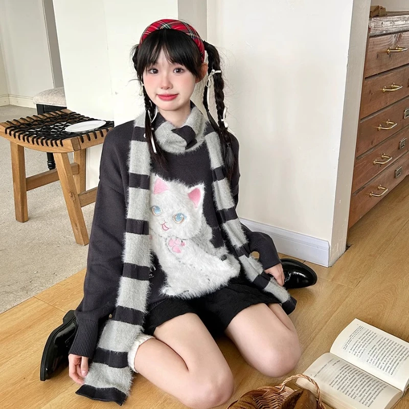 اليابانية الجديدة فتاة نمط فضفاض المرأة الحلو لطيف الخريف الشتاء الكرتون المطرزة البلوفرات رقيقة تنوعا سترة السيدات