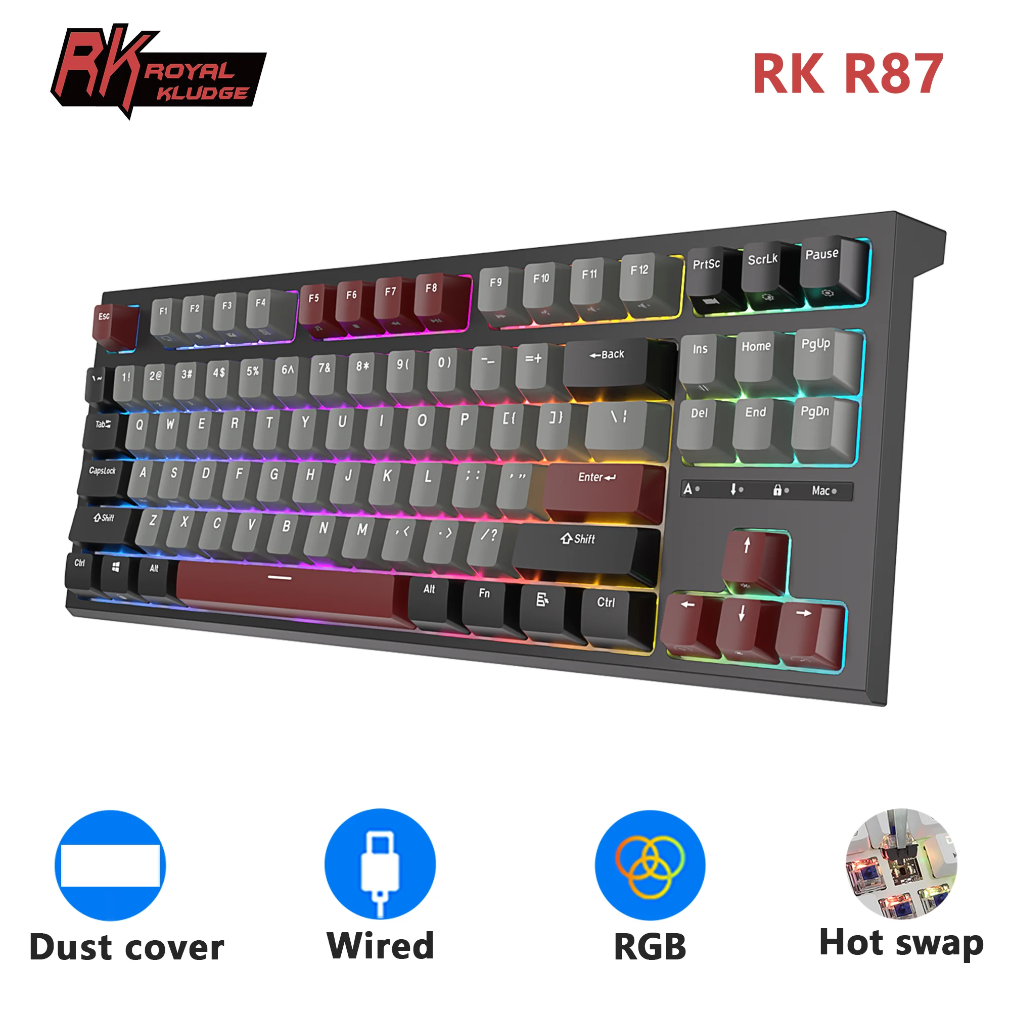 RK ROYAL KLUDGE R87 Wired Brazilian Gamer Keyboard 87 Key RGB Backlit Hot-swappable Mechanical Keyboard Customised Keycaps