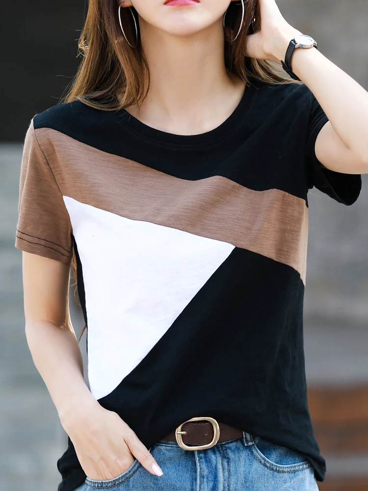 2024 Summer Tshirt Woman 100% Cotton Women Short Sleeve Shirts Tops O-Neck Shirt Tees Loose Patchwork Tops Casual High Quality