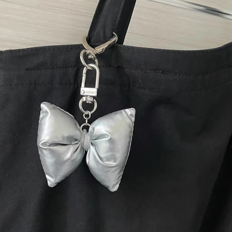 Coreano 3D Bowknot Keychain, Cor Prata Bow Keyring, Porta-chaves bonito, Pingente de mochila, Decoração do saco, Moda Doce, Y2K