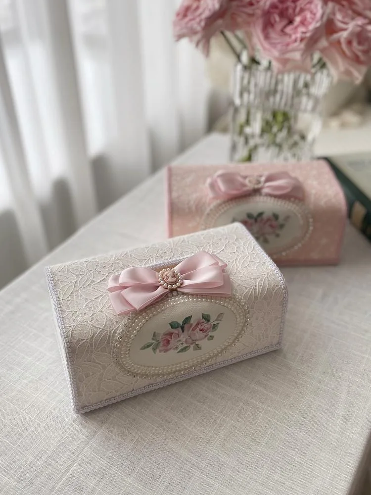 French Style Tissue Box, Romantic Embroidered Lace, Pearl Bowknot Fabric Towel Holder, Elegant Home Storage, Car Accessory, Pink