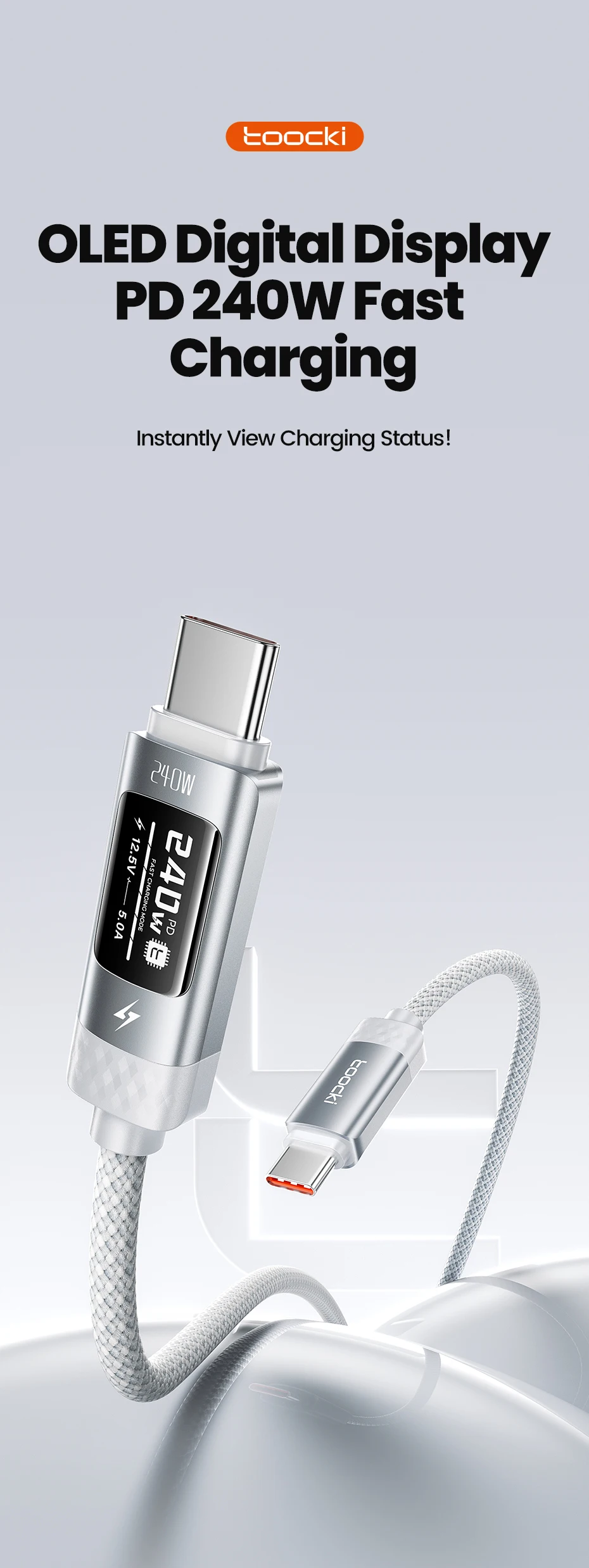 Toocki PD 240W USB-C zu USB-C Kabel 1/2/3 Stück Weiß OLED Digitalanzeige SFC 2.0 Schnellladekabel Typ C für iPhone 17 Samsung – Detail 1