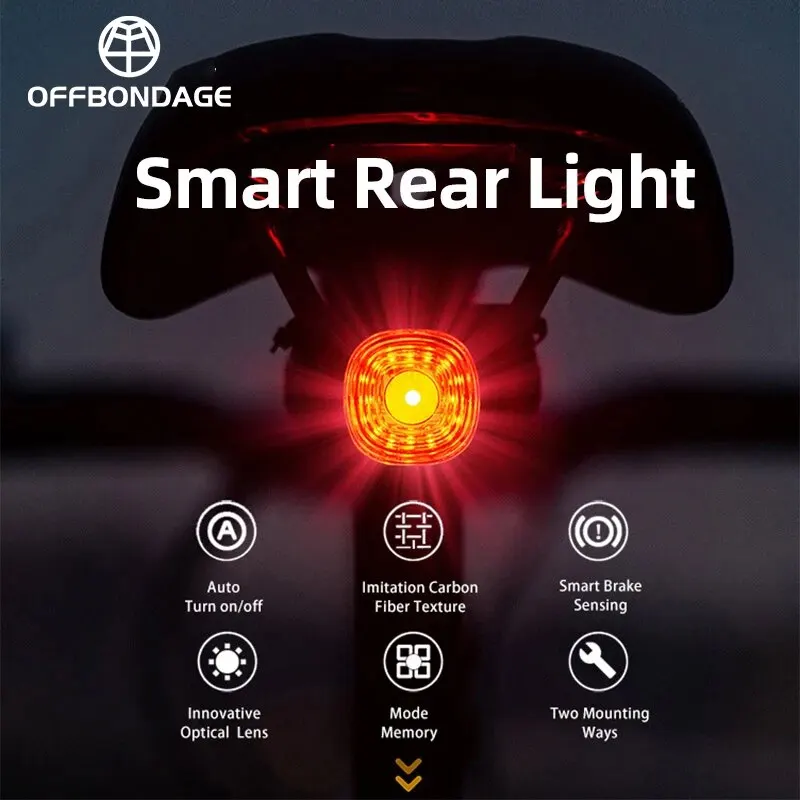 OFFBONDAGE Smart Bicycle Brake Light IPx6 Taillight Type-C Bike Tail Rear Light Auto Stop LED Riding Warning Cycling Light