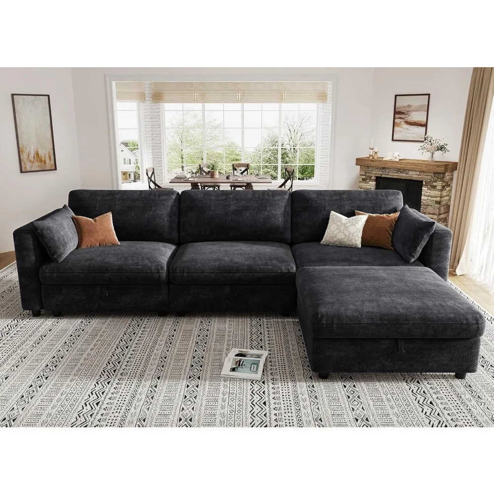 L Shaped Sofa with Adjustable Backrest, Convertible Ottoman and Comfy Cushion, Chenille 3 Seater Modular Sectional Sofa Couch