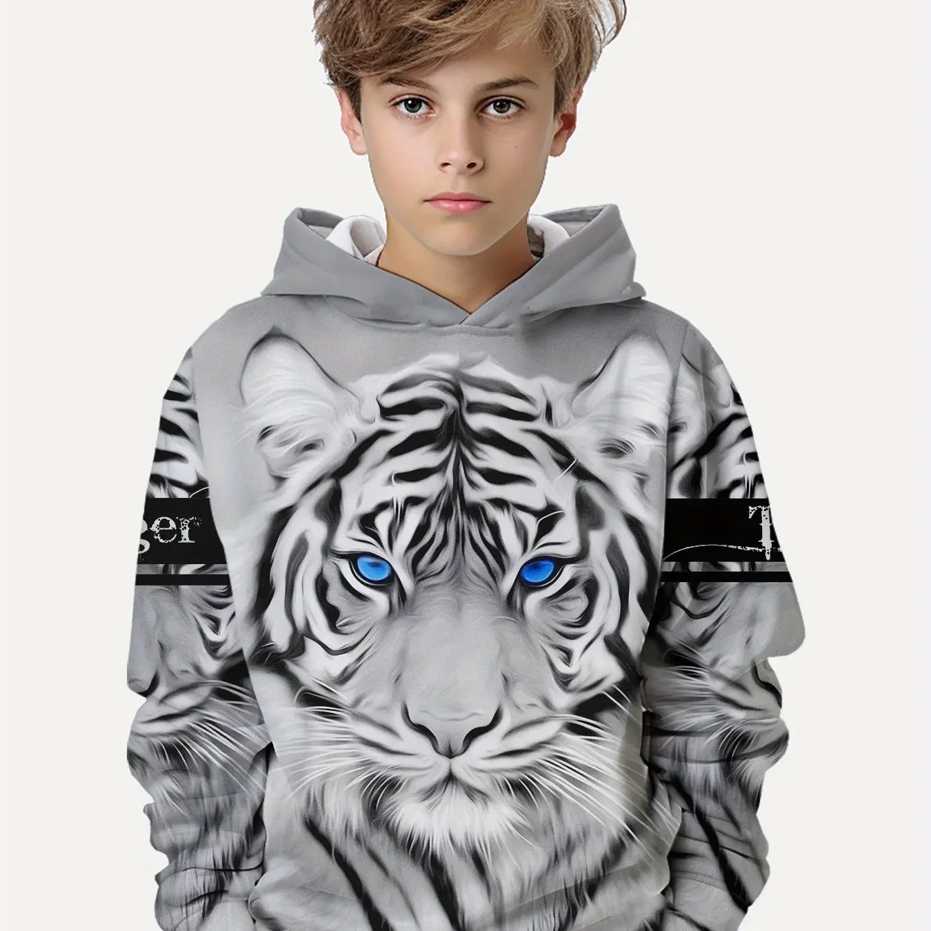 Boys 3D White Tiger Graphic Print Hoodie, Kids Fashion Animal Pullover Sweatshirt