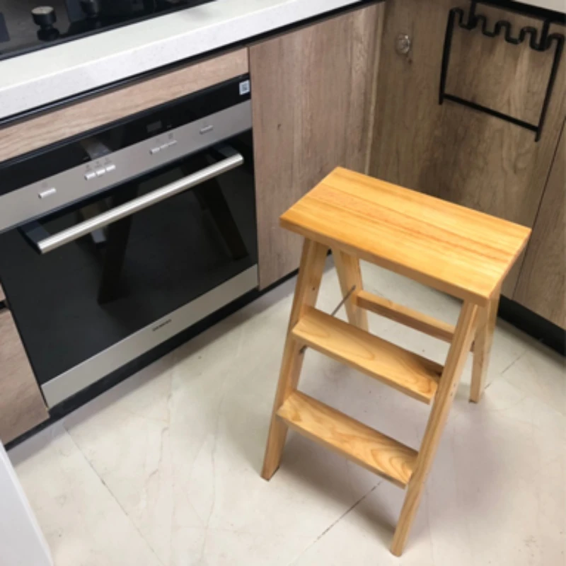 Folding High Stool For Home Use Space-saving Solid Wood Dining Table Portable Kitchen Utility Chair Ascending Footstools