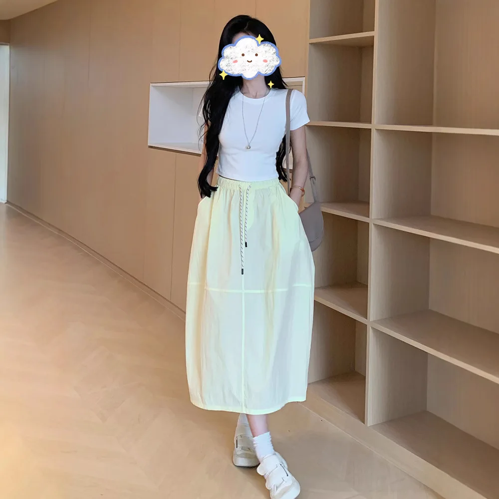 

Solid Color Casual Simple Color Drawstring Skirt for Women in Summer, Fashionable and Versatile, Slimming Mid Length Skirt