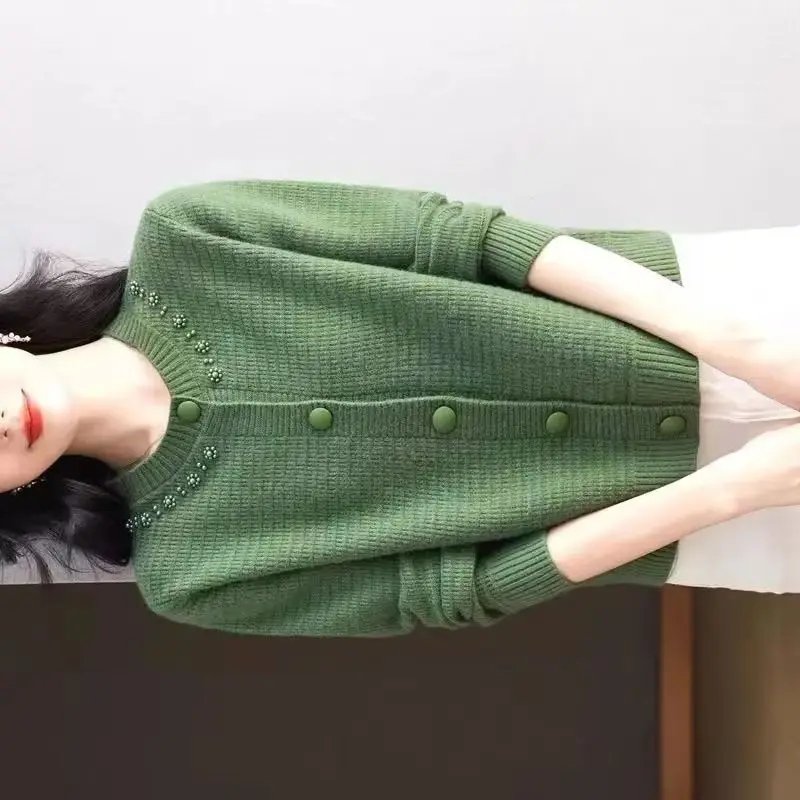 

Round Neck Sweater Women's Knitted Cardigan Mother Spring Autumn Fashion New Fashion Loose Sweater Single-Breasted Coat Jacket