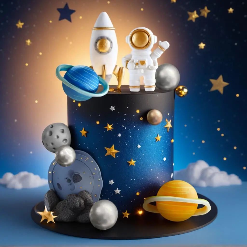 Weltraum-Kuchendekoration Astronaut Rakete Sterne Kuchendekoration für Zwei Der Erste Flug um die Sonne Babyparty Geburtstag