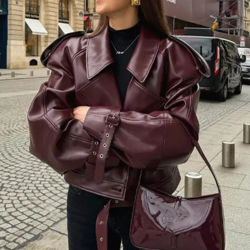 2024 Autumn Fashion Lapel Leather Jacket Winter Women\'s Jackets Vintage Long Sleeve Crop Coats Belt High Street New In Outerwear