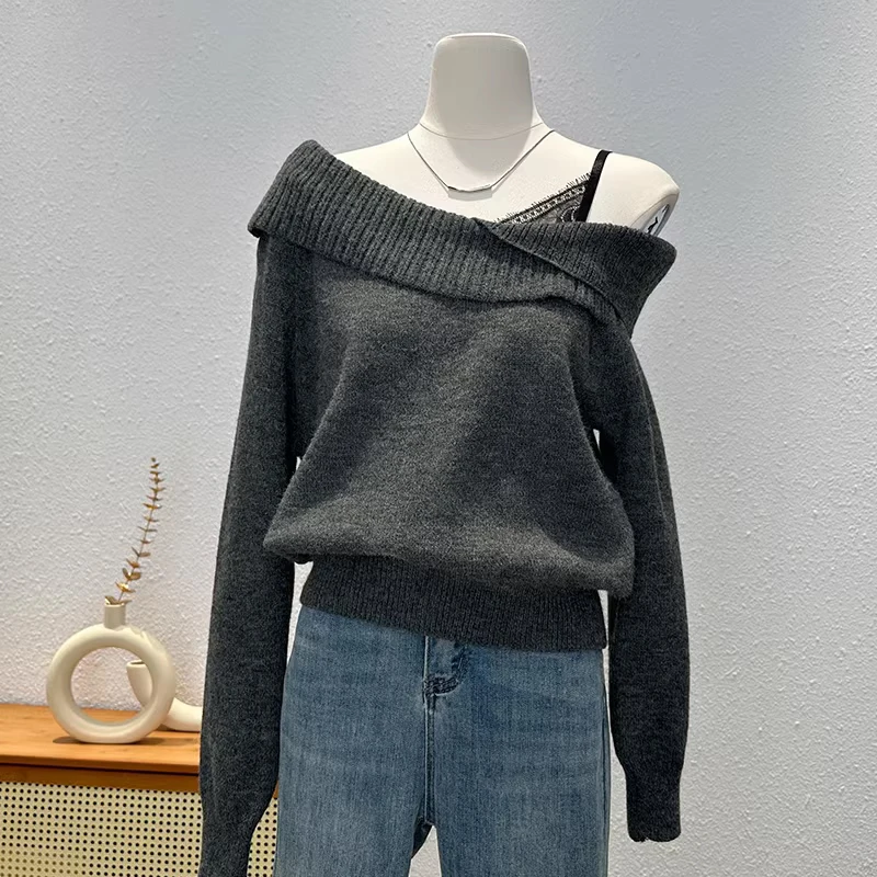 

Женский вязаный свитер Ele Lace с длинными рукавами и открытыми плечами, модный облегающий топ, дизайнерская модель для повседневной носки, осень-зима