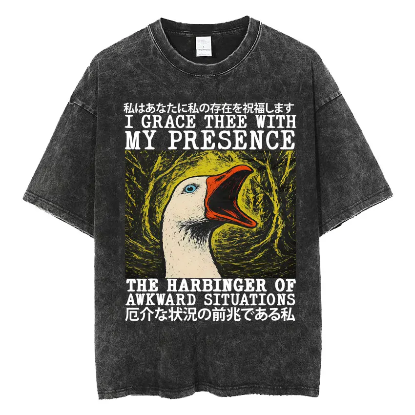 Mens Clothes Vintage Washed The Harbinger of Awkward Situations Weirdcore Japanese Funny Short Sleeved Round Neck Y2k Tshirt