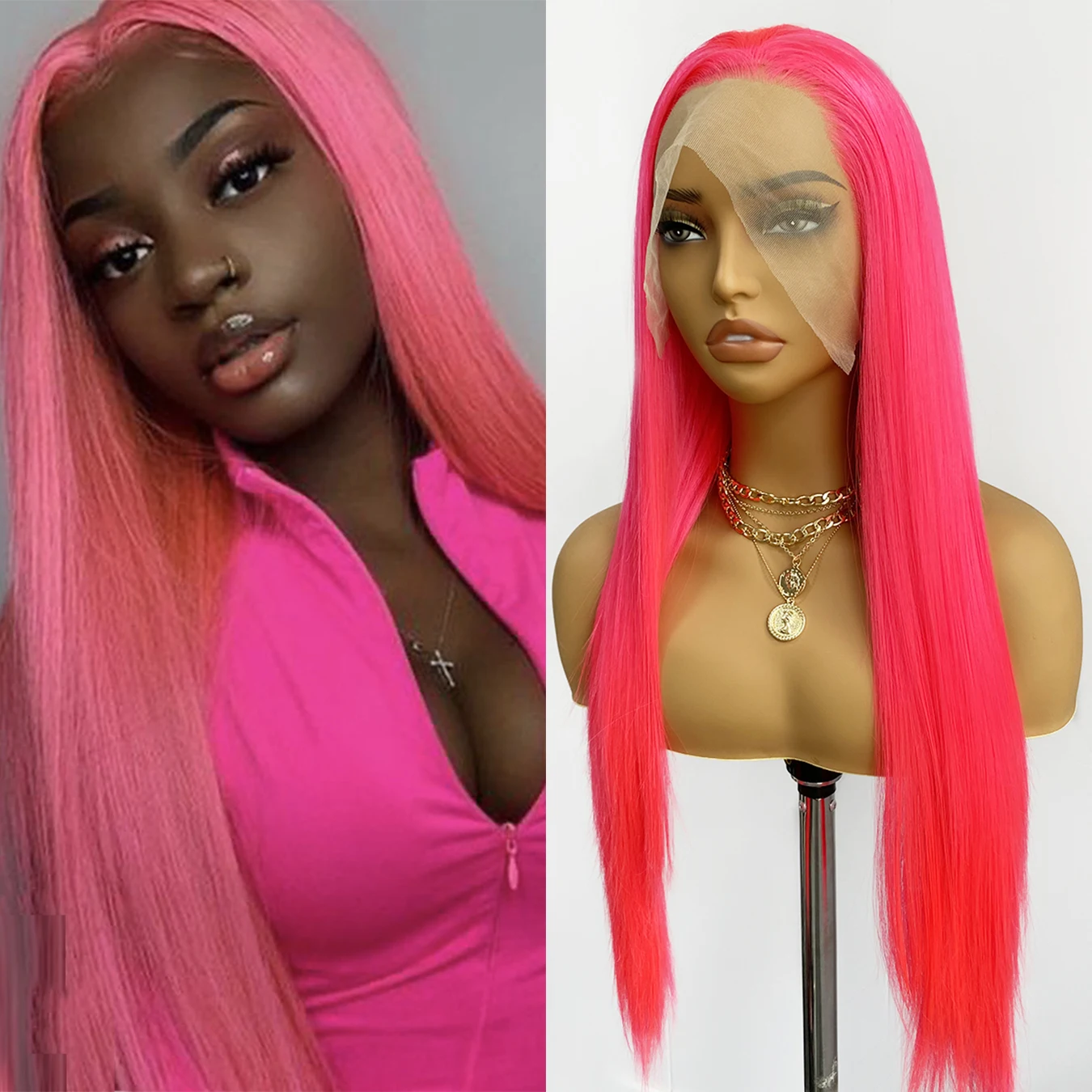

Diniwig Hot Pink Wig Long Silky Straight Synthetic Lace Front Wig 13x4 Frontal Lace Natural Hairline Daily Wear Party Cosplay