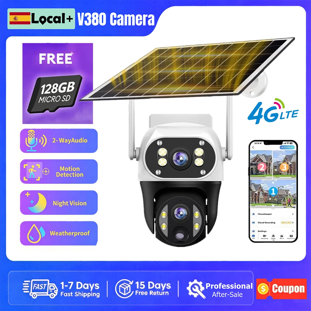 Caméra solaire V380 4G SIM 12MP à double objectif, 3 écrans, 360° °   Caméra IP extérieure PTZ avec détection humaine PIR, vision nocturne, étanche IP66, surveillance CCTV