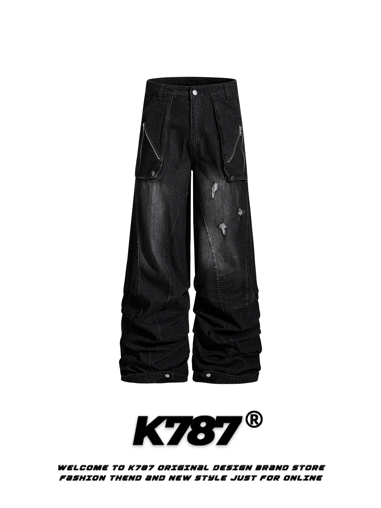 

K787 American Street Style Washed Hole Knife Jeans Loose Silhouette Wide Leg Long Pants for Men And Women Casual Straight Leg...