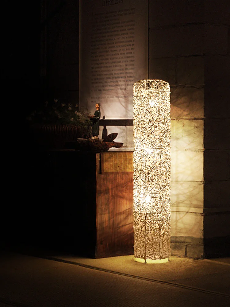 Lighting new Chinese hand-woven rattan art tea house zen lamp living room bedroom rattan floor lamp
