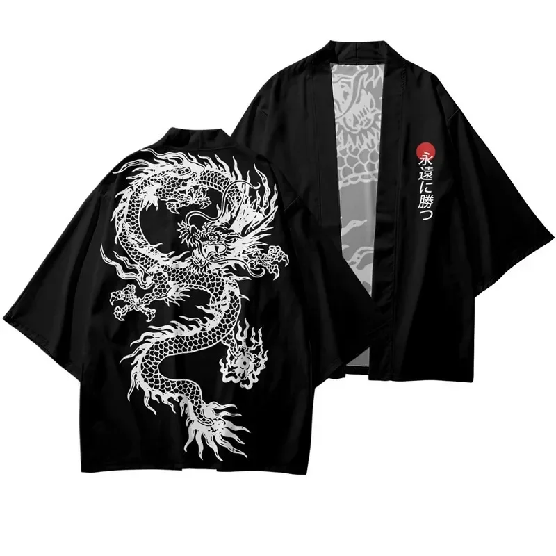 Fashion New 3D Dragon Print Haori Traditional Japanese Half Sleeve Kimono Cardigan Summer Casual Loose Coat Tops