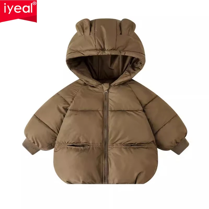 

IYEAL новые пуховые хлопковые пальто для мальчиков и девочек, детская куртка с капюшоном, детский зимний комбинезон, толстая толстовка, зимняя верхняя одежда