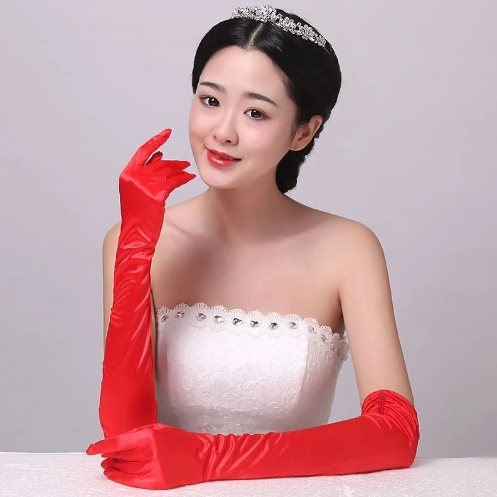 Picture 6: Ceremony Elegant Beaded Bridal Gloves Full Finger Long Wedding Gloves Black Solid Color Satin Gloves Bridal Party