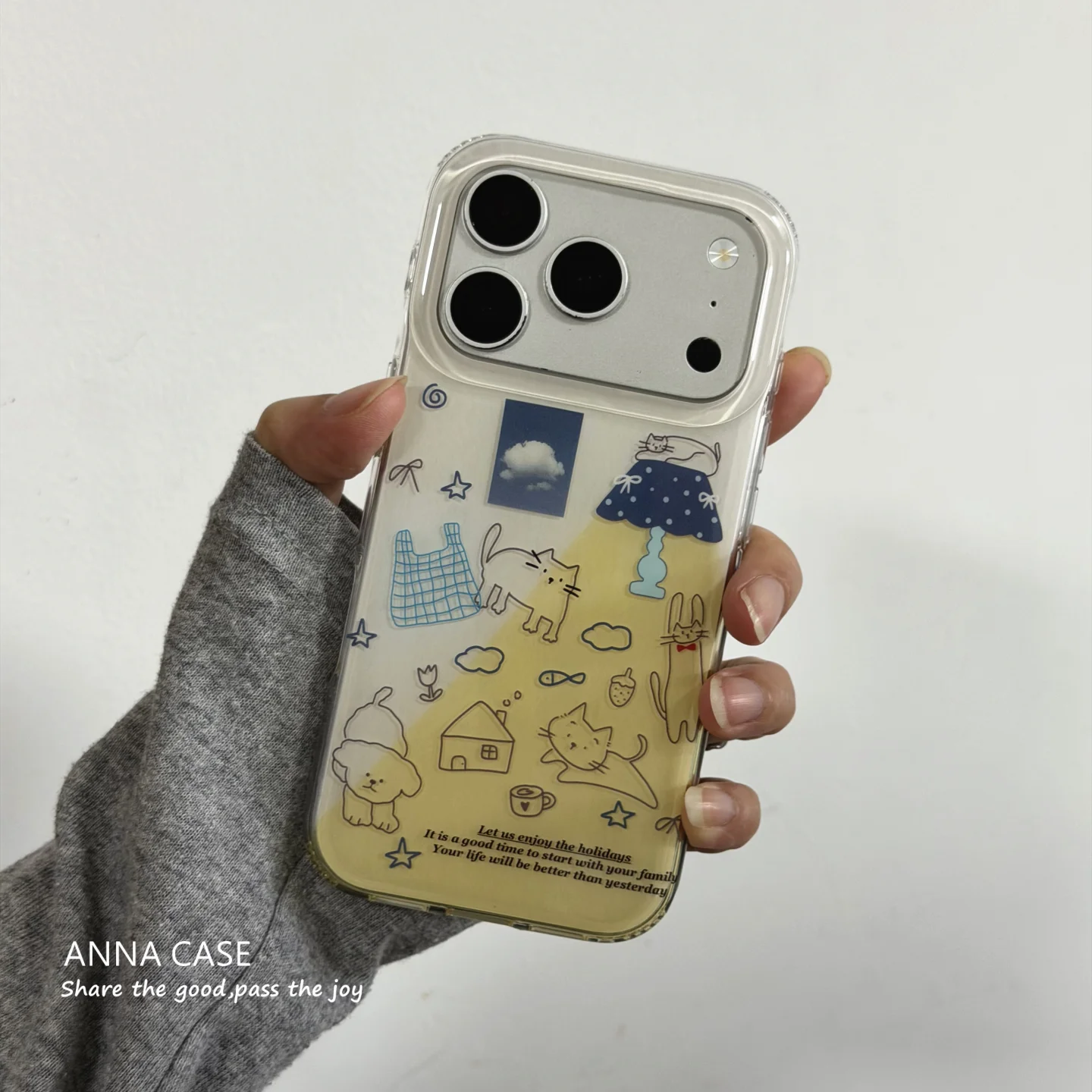 Korean Ins Milk Yellow Line Cat Kitten Cute Y2K Phone Case For iPhone 18 17 Air 16 15 14 13 12 11 Pro Max Plus Anti-Yellow Cover view 5